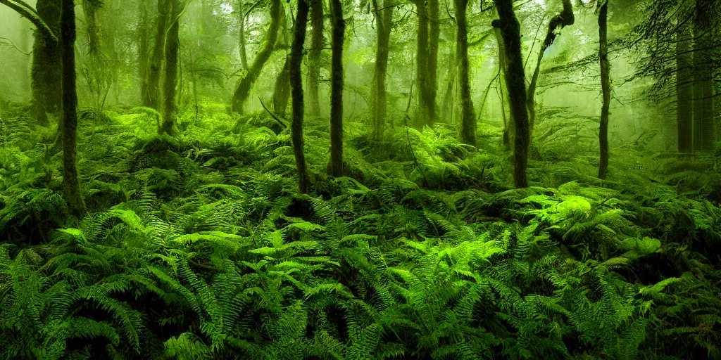 Image similar to deep lush forest floor with green ferns and moss, droplets of crystal clear water on the leaves, rays of sunlight coming through the clouds after rain, light fog