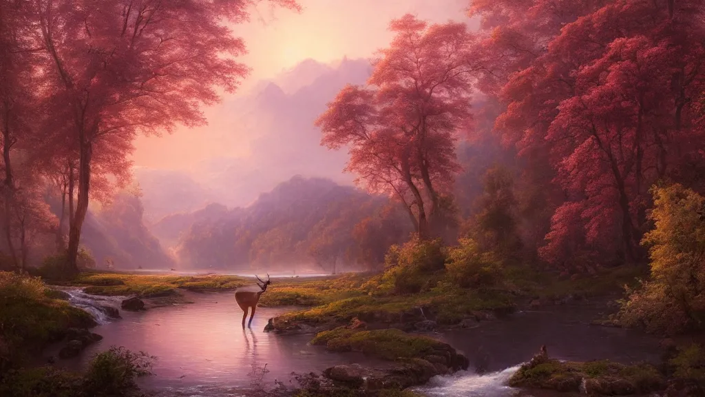 Prompt: the most beautiful panoramic landscape, oil painting, where a giant dreamy waterfall creates a river, the trees around are starting to bloom in pink color, a majestic deer is drinking water from the river and a ray light of the sunset is brightening him, by greg rutkowski