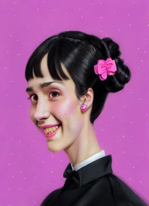 Image similar to portrait of high school girl, realistic, black hair, bangs, half updo hairstyle, pointy nose, skinny, smile, ugly, defined jawline, big chin, pink hair bow, earrings, intricate, elegant, glowing lights, highly detailed, digital painting, artstation, sharp focus, illustration, art by wlop, mars ravelo and greg rutkowski