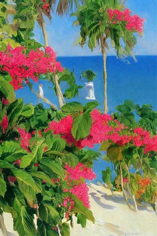 Image similar to sun in the sky blazing, beach, bunch of roses on the sea surface, bougainvillea palms, painting by john singer sargent