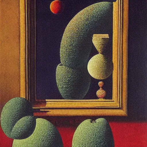 Image similar to 🐶🍐🌜🧨, intricate details, oil on canvas, highly detailed, surreal, by max ernst, rene magritte