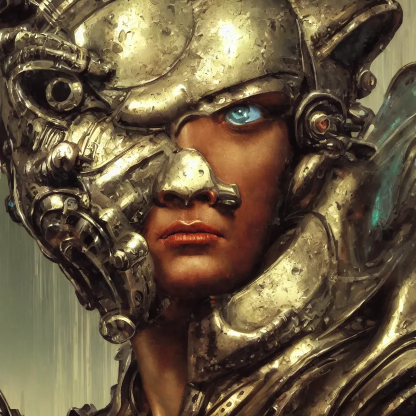 Prompt: baroque neoclassicist close - up portrait of a neofuturistic cyberpunk warrior wearing an iridescent oni mask. highly detailed science fiction painting by norman rockwell, frank frazetta, and syd mead. rich colors, high contrast, gloomy atmosphere. trending on artstation and behance.