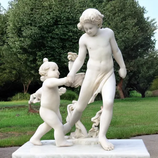 Prompt: a classical marble statue of two children wearing party clothes holding hands and running