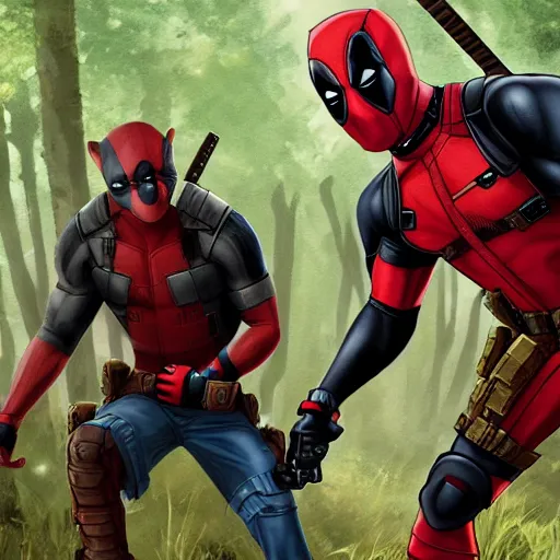 Image similar to deadpool and rocket raccoon in the woods digital art 4 k detailed