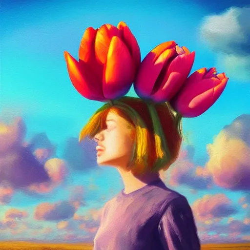 Image similar to girl with singular giant tulip as a head, surreal photography, flower field, sunset dramatic light, impressionist painting, colorful clouds, blue sky, digital painting, artstation, simon stalenhag