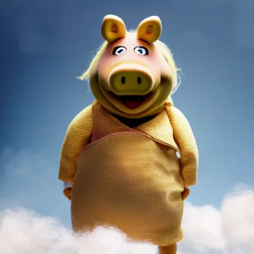 Image similar to a realistic top - down photograph of miss piggy standing next to a cloud, shot in professional studio