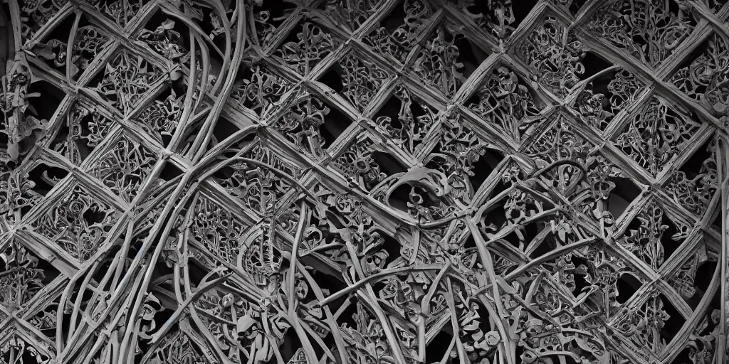 Image similar to elevational photograph of a modern building by Louis Sullivan and H.R. Giger covered in black ironwork vines, Sigma 75mm, ornate, very detailed, hyperrealistic, liminalspaces, Symmetrical composition, centered, intricate, Extreme Long Shot, Dynamic Range, HDR, chromatic aberration, Orton effect, 8k