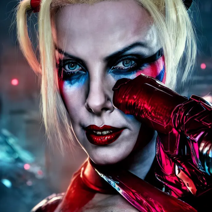 Image similar to portrait of charlize theron as a harley quinn in suicide squad. intricate abstract. intricate artwork. by tooth wu, wlop, beeple, dan mumford. octane render, trending on artstation, greg rutkowski very coherent symmetrical artwork. cinematic, hyper realism, high detail, octane render, 8 k, iridescent accents