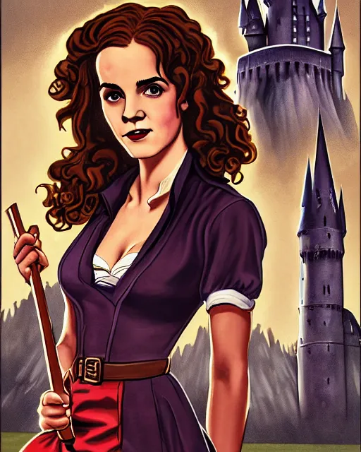 Image similar to pinup photo of hermione granger by emma watson in the crowded square of hogwarts, by enoch bolles, glossy skin, pearlescent, very coherent, very detailed