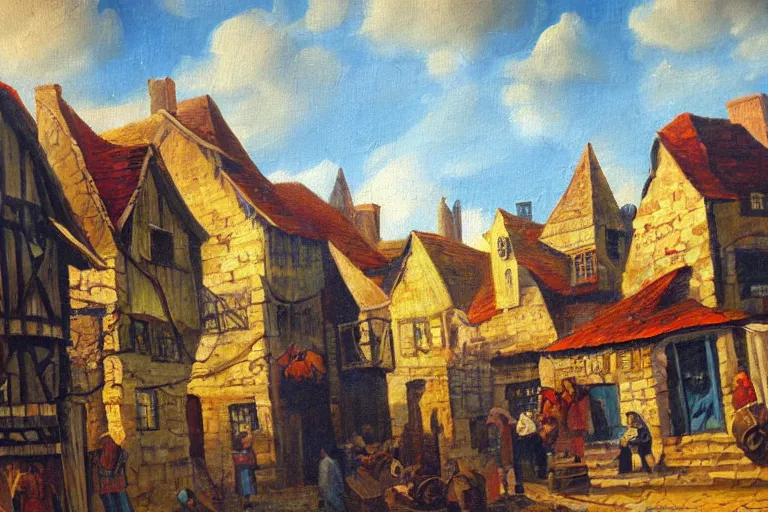 Image similar to middle ages town, oil painting, oil in canvas, brushstrokes