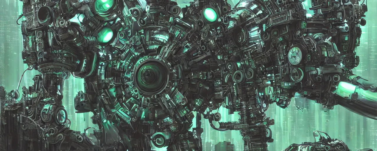 Prompt: Portrait of a cyberpunk sci-fi VR holoreel machine engine, third person, D&D, sci-fi fantasy, cogs tubes tanks pistons pulleys, monitor screen, intricate, green black ebony, highly detailed, art by Range Murata, highly detailed, 3d, octane render, bright colors, digital painting, trending on artstation, sharp focus, illustration style of Stanley Artgerm, background in a cinematic