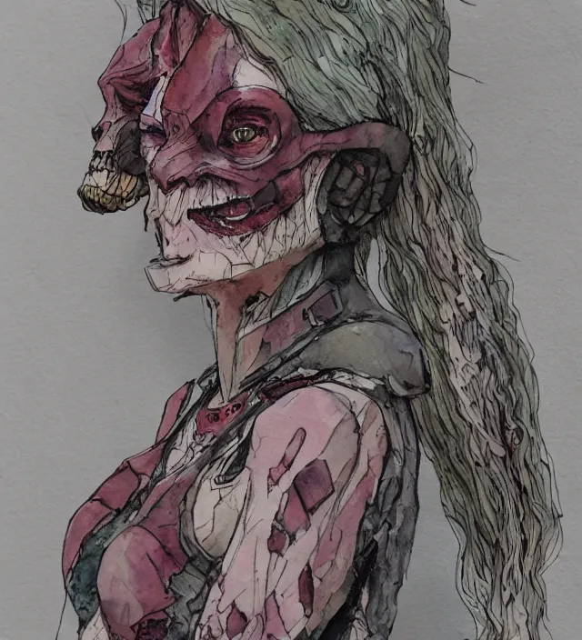 Image similar to a 3 / 4 view watercolor ink painting of a post - apocalyptic mutant sorcerer wearing a dress trending on artstation deviantart pinterest detailed realistic hd 8 k high resolution