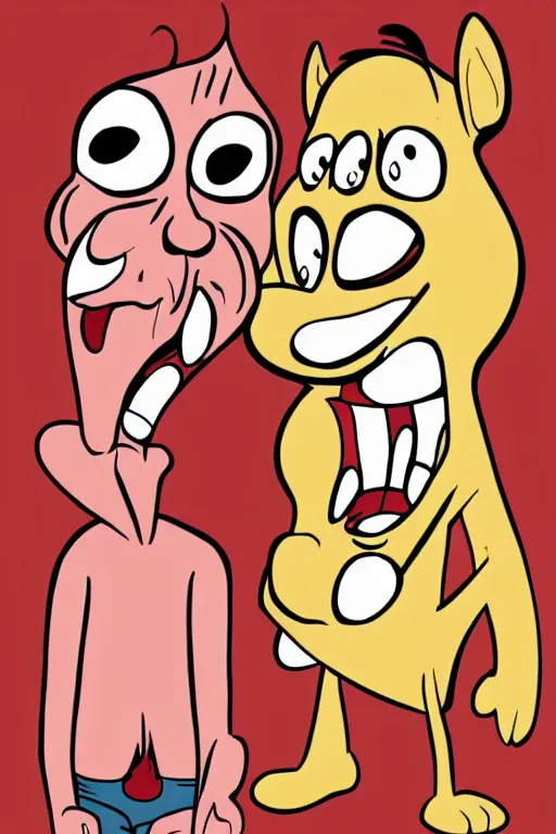 Image similar to cartoon drawing of ren and stimpy as older characters