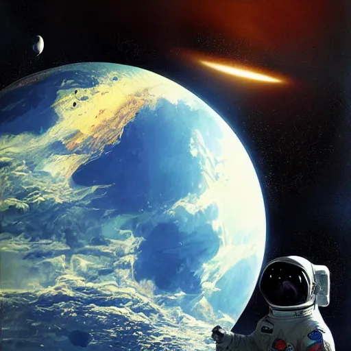 Image similar to futurism pop art of an astronaut watching earth from the moon, by greg rutkowski