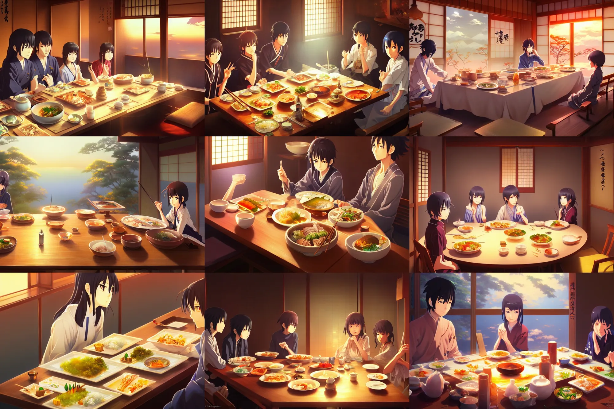 Prompt: a delicious japanese dinner, key visual, a fantasy digital painting by makoto shinkai and james gurney, trending on artstation, highly detailed