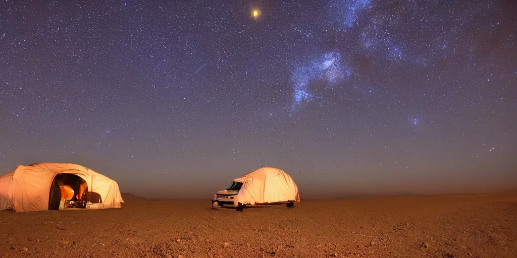 Prompt: a photo of late night desert camping in utal during a meteor shower, beautiful nature