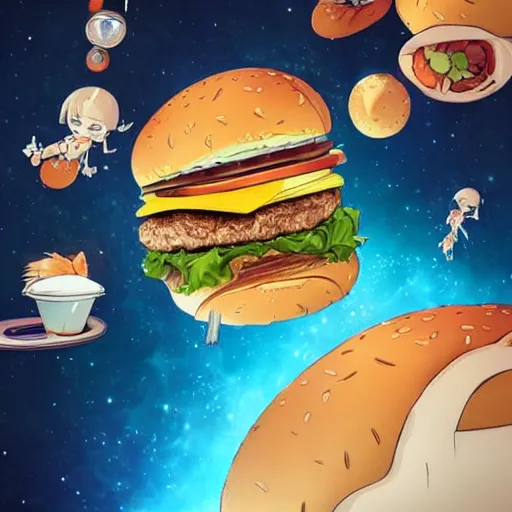 Image similar to a humanoid chicken!!!!! eating a burger while floating inside of a space station, golden ratio!!!!!, centered!!!!!, artstation, cgsociety contest winner, 4 k quality, digital art, anime style, studio ghibli!!!!!