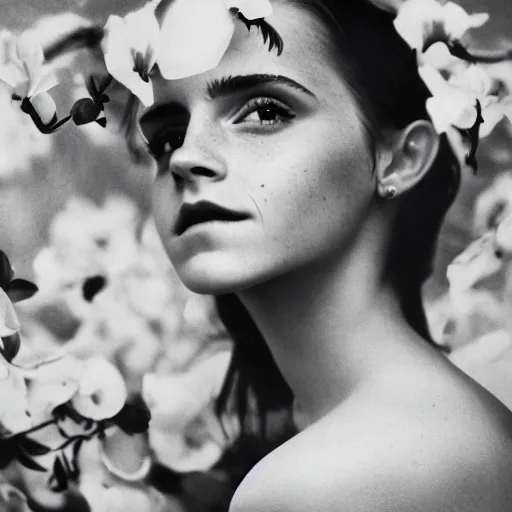 Prompt: emma watson photo in the style of sam haskins, on the bed around the flowers