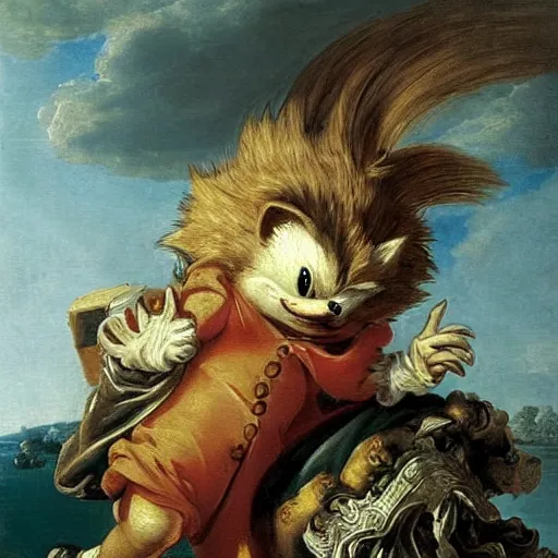 Image similar to a rococo painting of a sonic the hedgehog, intricate, ultra detailed, late baroque painting, art by giovanni battista tiepolo