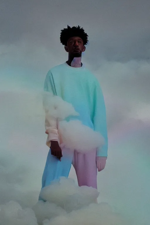 Image similar to high quality pastel coloured film close up wide angle photograph of 2 1 savage wearing clothing resting on cloud furniture in a icelandic black rock!! environment in a partially haze filled dreamstate world. three point light, rainbow. photographic production. art directed. pastel colours. volumetric clouds. pastel gradient overlay. waves glitch artefacts. extreme facial clarity. 8 k. filmic.