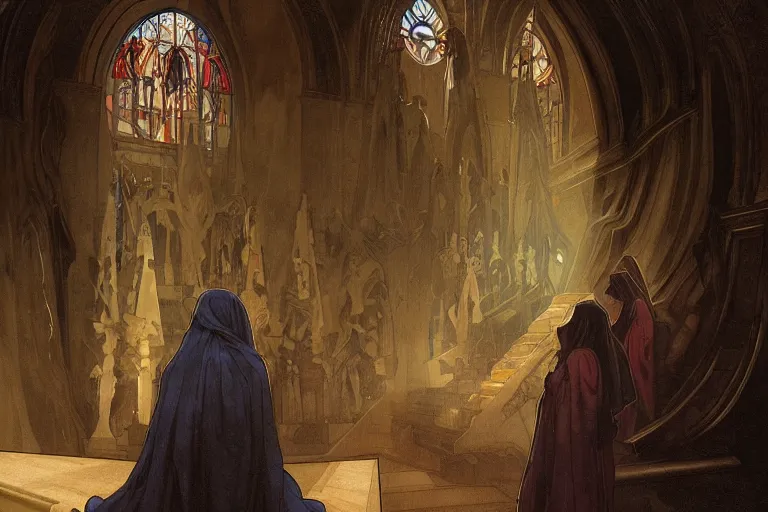 Prompt: inside the sepulchre, dark scene, light coming in from the left, steps leading down, 3 marys crouching in colored robes at the tomb | medium close | triangle composition, by artgerm, greg rutkowski, rubens, alphonse mucha
