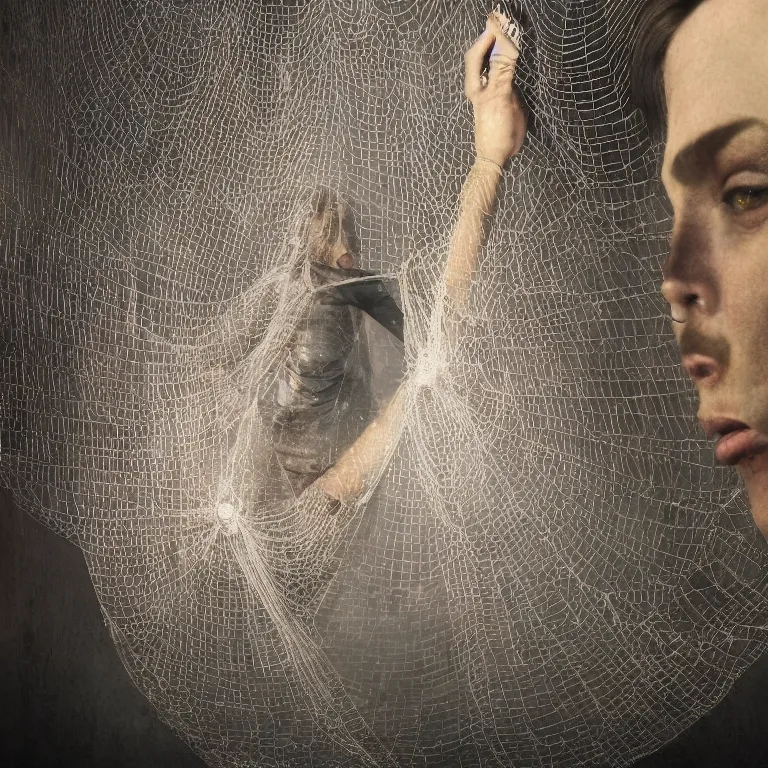 Image similar to octane render portrait by wayne barlow and carlo crivelli and glenn fabry and salvador dali and wes anderson, a beautiful woman in a long flowing dressed trapped caught inside a giant spider web stretching between buildings in a scenic european city, ray traced lighting, very short depth of field, bokeh