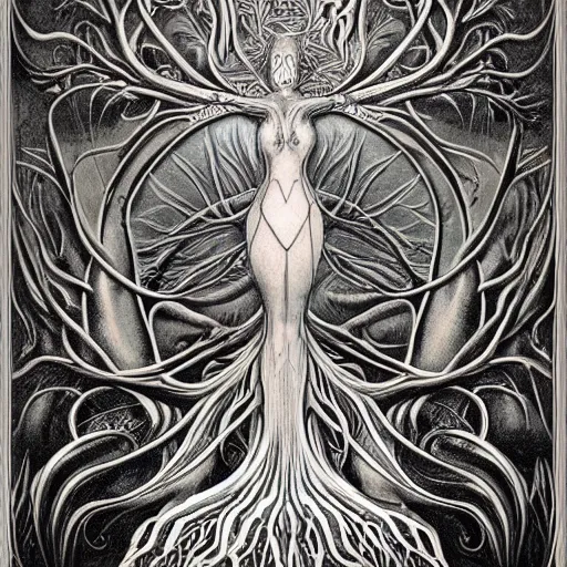 Prompt: a highly detailed tattoo outline of woman shaped like the tree of life with arms as branches and fingers for leaves, form of a woman, female, by roger dean and andrew ferez, art forms of nature by ernst haeckel, divine chaos engine, symbolist, visionary, art nouveau, organic fractal structures, surreality, detailed, realistic, ultrasharp
