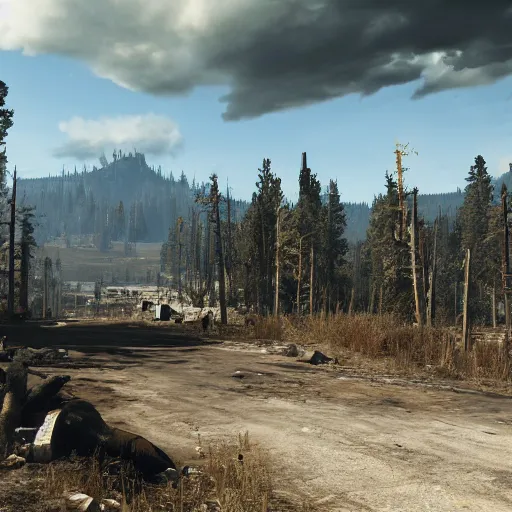 Prompt: Yellowstone national park in ruins post-nuclear war in Fallout 4, in game screenshot