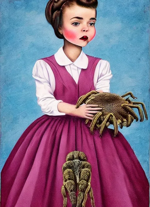 Image similar to portrait of a girl whose head is a comically large tarantula and whose body is dressed in a 1950s school dress, inspired by Mark Ryden and Marion Peck, hints of Cronenberg