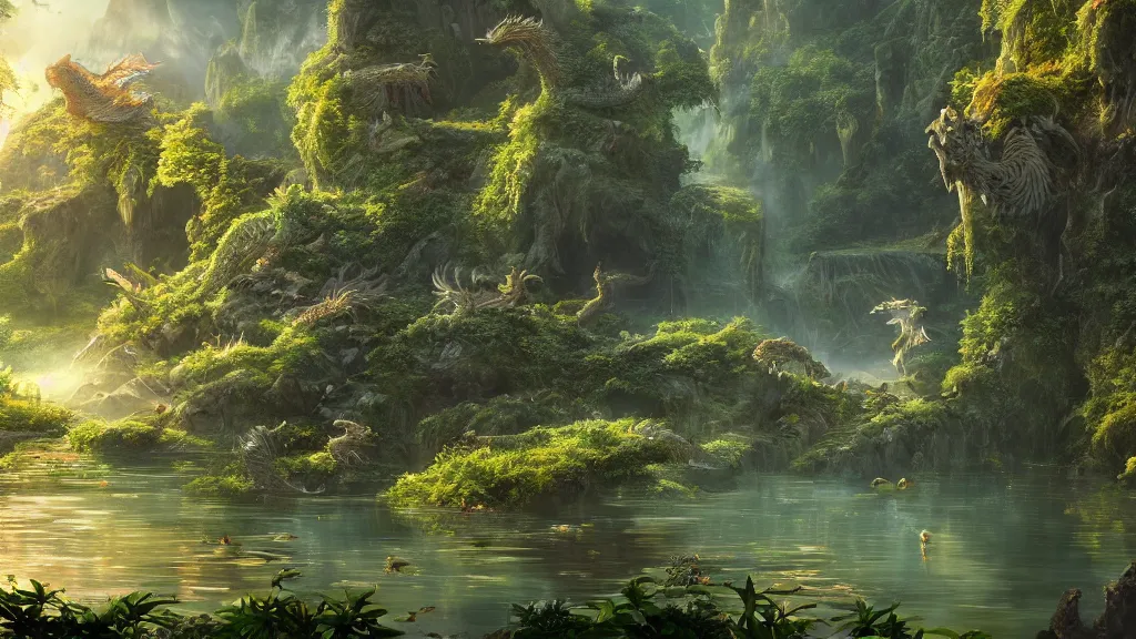 Prompt: a ultradetailed beautiful matte painting of a peaceful pond with a clear water where a majestic ancient dragon with intricate green scale is peacefully sleeping, dynamic lighting, cinematic lighting, lit by morning light, by krenz cushart and artgerm, unreal engine, featured on artstation