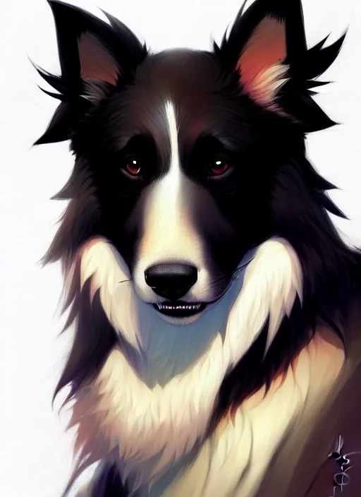 Prompt: wide angle beautiful full body portrait of a cute male anthropomorphic anthro border collie fursona looking directly at you, character design by charlie bowater, henry asencio, and ross tran, furry art, furaffinity, beautiful, glamor pose, detailed, aesthetic, trending on artstation