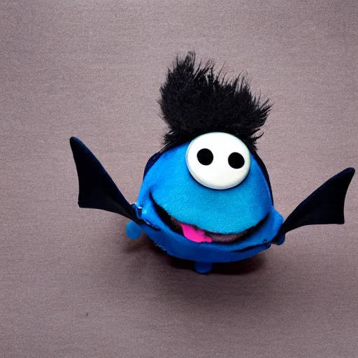 Image similar to a chibi plush goth mantaray muppet, in the style of the muppets, with character design by spongebob the musical on broadway, real, photograph, cinematic