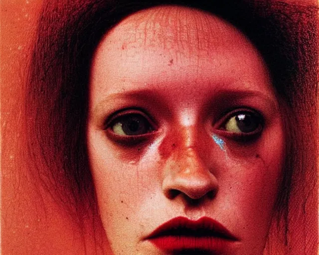 Image similar to by francis bacon, beksinski, mystical redscale photography evocative lips. kat dennings uma thurman christina hendricks tilda swinton