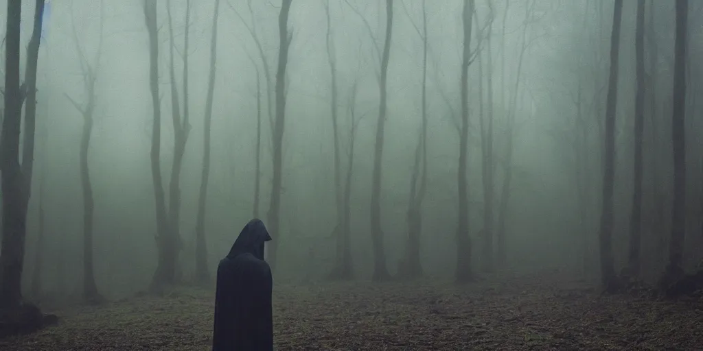 Image similar to a close shot of a grim reaper standing in a forest by studio ghibli, detailed, mythical, mist, depressing, tired, dark, lush, nature, mist, mystery, glows, somber, dismal, fog, heavy fog, dark lighting, glow, ambient light, cybernetic, sci-fi,