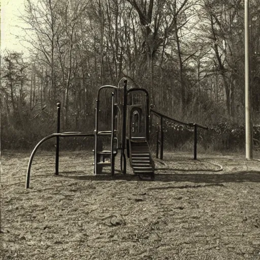 Prompt: an abandon playground with a tall dark figure standing infront of it, liminal, dark, highly detailed,