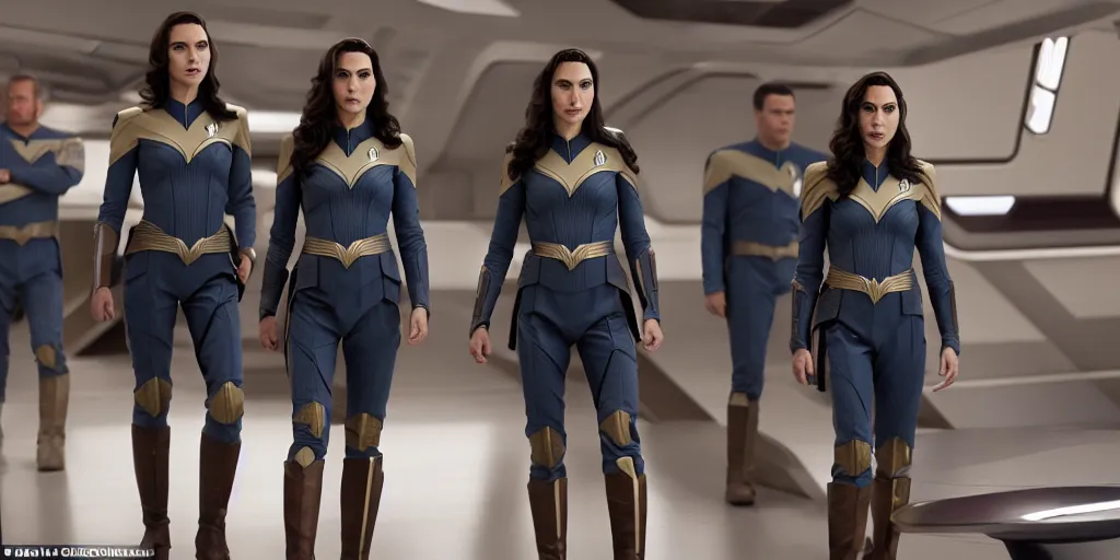 Image similar to Gal Gadot, in full starfleet uniform, is the captain of the starship Enterprise in the new Star Trek movie