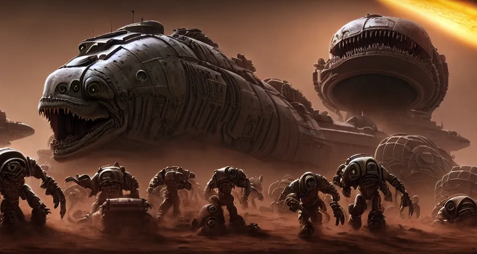 Prompt: pixar sarlacc demons running tyrannosaurus atat googly eyes, military tank fury road iron smelting pits space marines, highly detailed cinematic scifi render of 3 d sculpt of spiked gears of war skulls, military chris foss, john harris, hoover dam'aircraft carrier tower'beeple, warhammer 4 0 k, halo, halo, mass effect