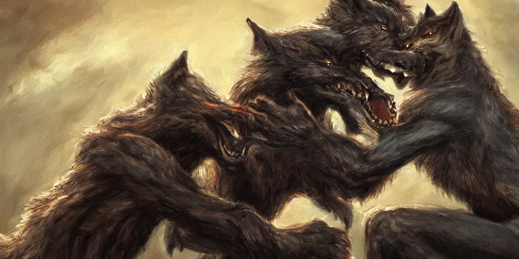 Image similar to oil painting of a werewolf kissing another werewolf, detailed, 4k, fantasy