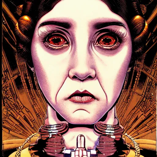 Image similar to portrait closeup of crazy princess leia, symmetrical, by yoichi hatakenaka, masamune shirow, josan gonzales and dan mumford, ayami kojima, takato yamamoto, barclay shaw, karol bak, yukito kishiro