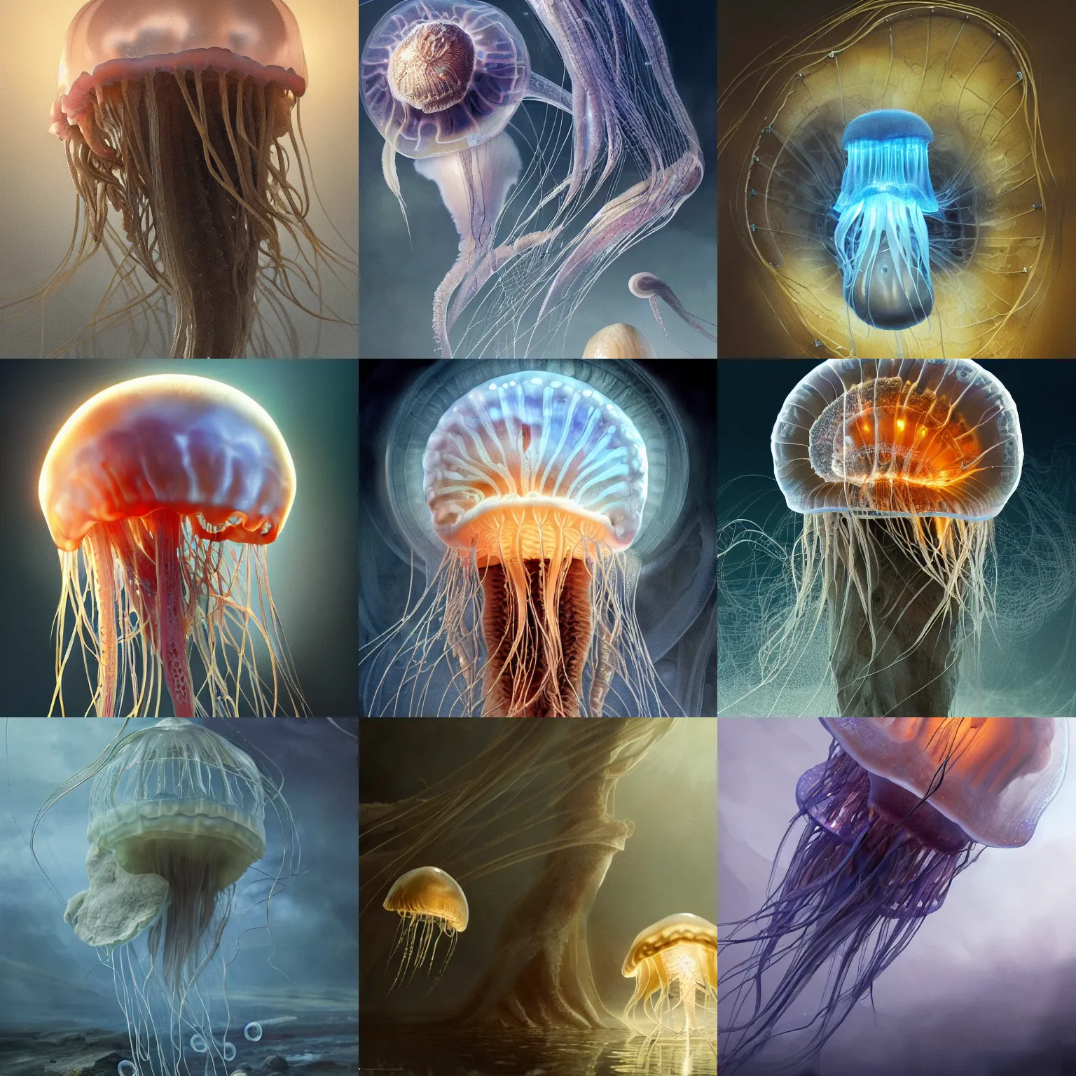 Prompt: jellyfish with anatomical human brain visible, translucent, volumetric lighting, 8 k octane beautifully detailed render, post - processing, extremely hyper - detailed, intricate, epic composition, cinematic lighting, masterpiece, trending on artstation, detailed detailed detailed, masterpiece, stunning art by anders zorn, wonderful masterpiece by greg rutkowski, beautiful cinematic light,