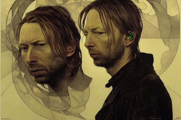 Image similar to hyper realistic portrait of ( thom ) yorke singer songwriter, side, liminal space, by lee bermejo, alphonse mucha and greg rutkowski