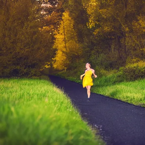 Prompt: a woman running at night in a yellow dress in the center of the frame sideways, dark hair, a barn, bushes and trees in the background, realistic photo, 4K, 35 mm