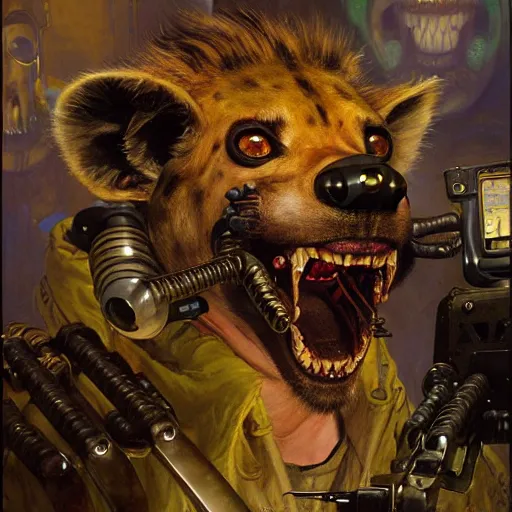 Prompt: portrait of a hyena gnoll dentist. shadowrun furaffiniy cyberpunk fantasy highly detailed painting by gaston bussiere craig mullins jc leyendecker gustav klimt artgerm greg rutkowski john berkey, bergey, craig mullins, ruan jia, raymond swanland, jeremy mann, tom lovell, alex malveda