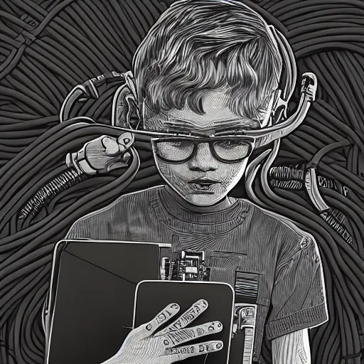 Image similar to illustration of a boy connected to his laptop with hundreds of wires, highly detailed, by butcher billy, mcbess, rutkowski, artgem, james jean, 8 k, photorealistic