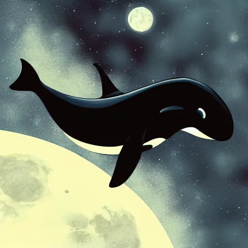Prompt: orca killer whale jumping over the moon. space, stars, planets. Ocean life, marine life. Trending on artstation