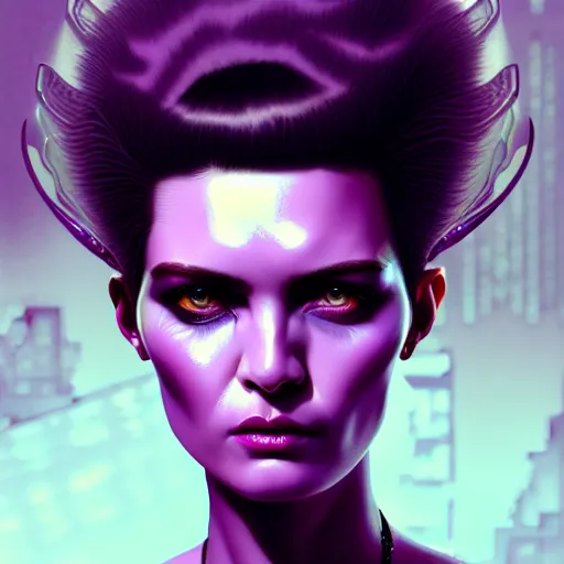 Prompt: woman with extremely large and intricate haircut with angry purple eyes and slim features looking askance, eye cyberpunk bionics, retro futurist style, intricate, elegant gleaming intricate baroque jewelry, angelic halo, highly detailed, digital painting, artstation, concept art, smooth, sharp focus, illustration, art by wlop, mars ravelo and greg rutkowski,