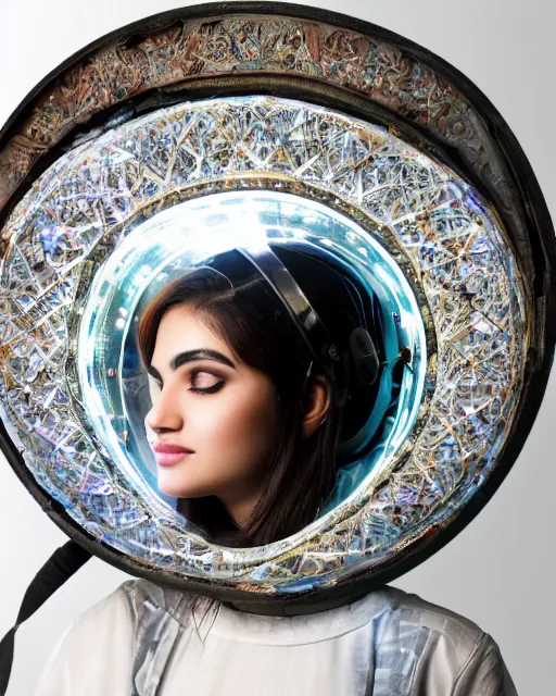 Prompt: centered medium shot fine studio photograph of a beautiful persian girl wearing an ancient persian solarpunk electronic helmet with led lights, ultra-realistic, white background, 8k HDR morning light, intricate detail