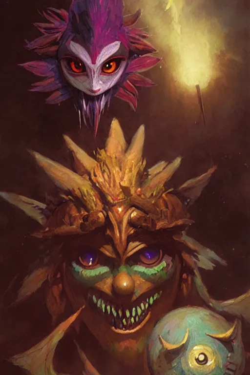 Image similar to majora's mask as a magic the gathering card portrait dnd, painting by gaston bussiere, craig mullins, greg rutkowski, yoji shinkawa