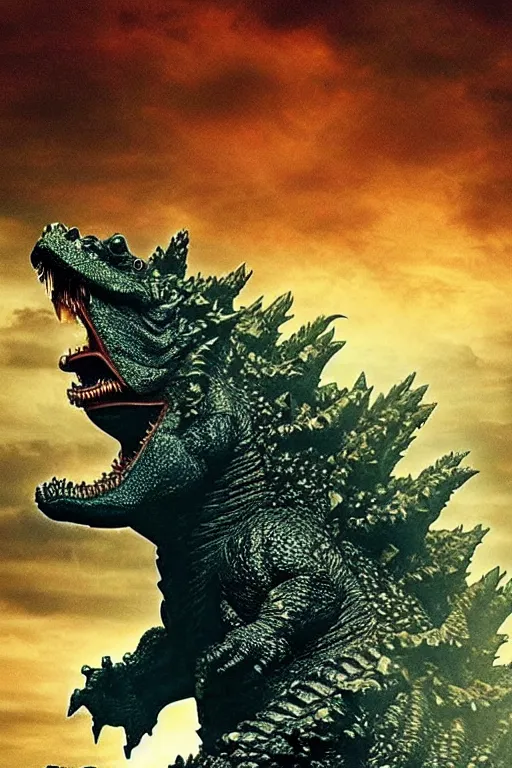 Image similar to Godzilla, kaiju, sea creature, crocodile, sharp teeth, scary look, angry