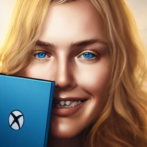 Prompt: close up of beautiful scandinavian female smiling holding xbox one s to face, stunning eyes, long blonde hair, disney pixar weta, hi - fructose, decadent highly - detailed digital painting, golden ratio, octane render, artstation, cinematic composition, smooth, sharp focus